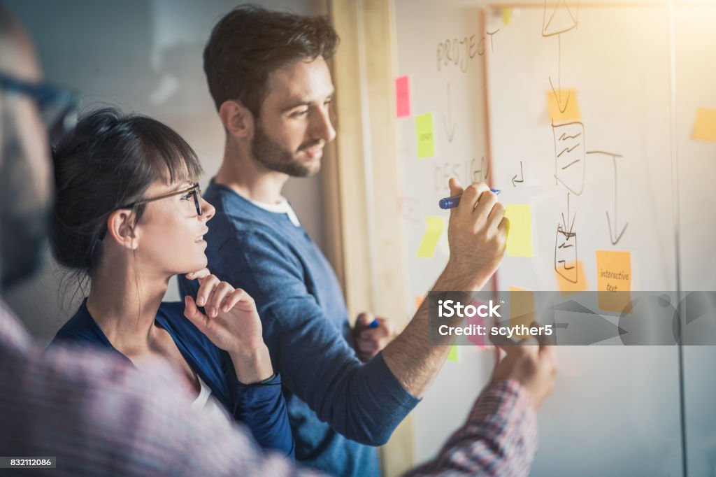 Young creative business people meeting at office. Business people meeting at office and use post it notes to share idea. Brainstorming concept. Sticky note on glass wall. Planning Stock Photo