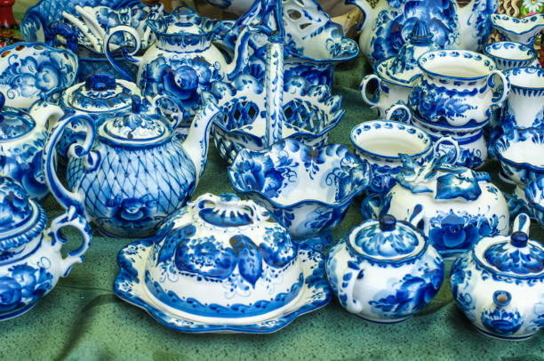 istock Porcelain tea set, ceramic. Painted blue paints, Russian folk art Gzhel 832113030