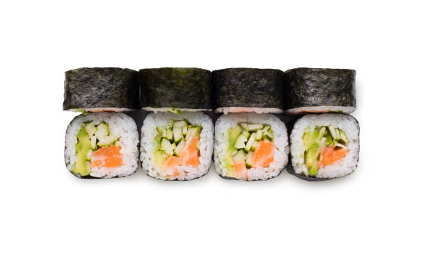 istock Set of salmon rolls isolated on white, closeup 832115868