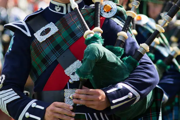 Bagpipe players wearing traditional clothing during a performance by a traditional Scottish Pipe Band
