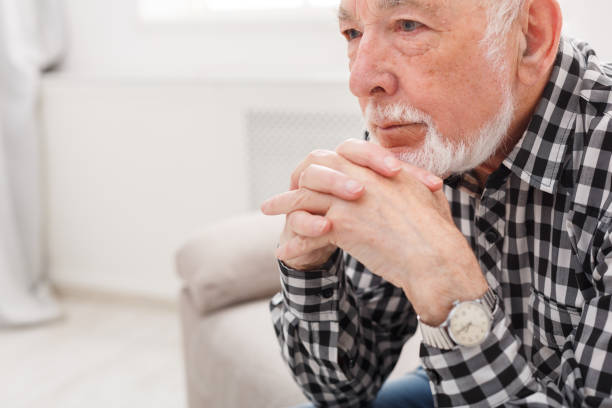 istock Pensive elderly man portrait, copy space 832120986