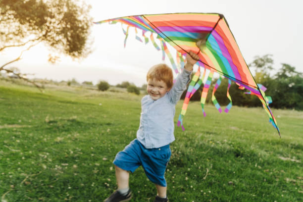 istock Child playing with kite in the meadow 832126070