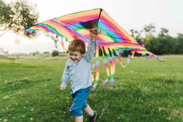 istock Child playing with kite in the meadow 832126164