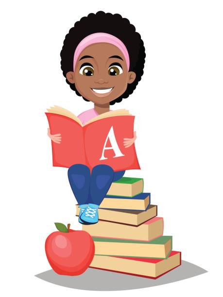 illustrazioni stock, clip art, cartoni animati e icone di tendenza di torniamo a scuola. carina ragazza afro-americana che tiene il primer e seduta su una pila di libri. una studentessa piuttosto piccola. - apple stack white backgrounds