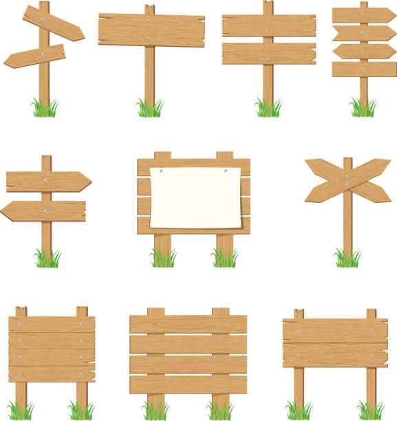 Wooden signboards, wood arrow sign set. Wooden signboards, wood arrow sign set. Empty signboard banner collection isolated on white background. Vector illustration in flat style billboard illustrations stock illustrations