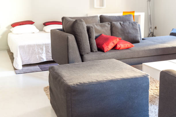 istock Modern apartments cozy furniture: a sofa with pillows 832134574