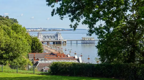 Aerial view of Penarth Pier and the Esplanade with Cardiff Docks in the background taken from the Cliff Hill in Penarth.