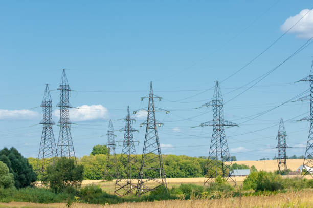 istock Power poles. Pole with wires. Steel structures supporting wires 832137900