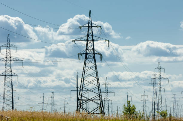 istock Power poles. Pole with wires. Steel structures supporting wires 832138040