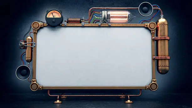 Empty steampunk screen with elements of old electronics and copper tubes on a stand. 3D Render