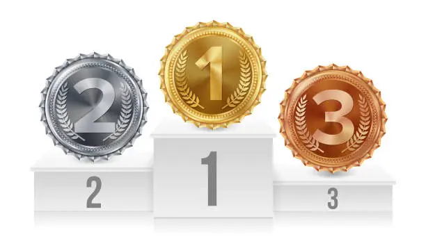 Vector illustration of Pedestal With Gold, Silver, Bronze Medals Vector. White Winners Podium. Number One. 1st, 2nd, 3rd Placement Achievement Concept. Isolated Illustration