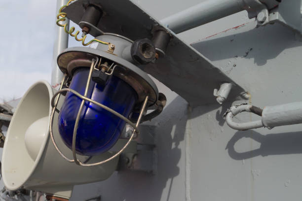 Military blue and white laterns and horn on the ship
