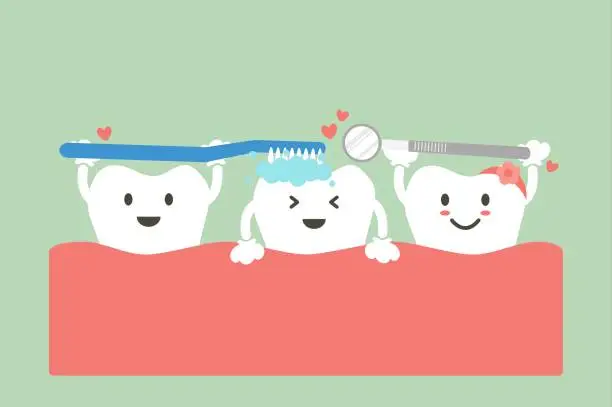 Vector illustration of cute group friend of tooth are brushing teeth with heart