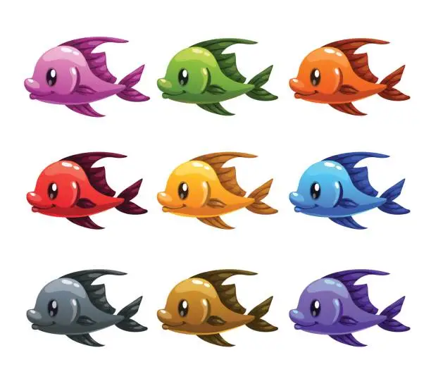 Vector illustration of Cute cartoon colorful fishes set