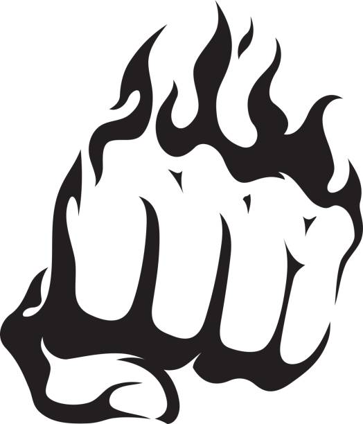 illustrazioni stock, clip art, cartoni animati e icone di tendenza di pugno fiammeggiante astratto - fist punching human hand symbol