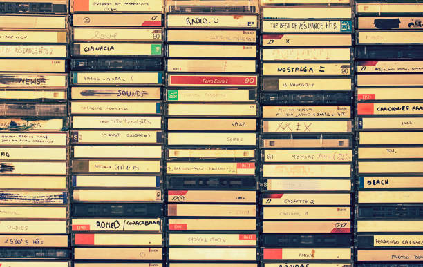 Retro audio cassettes boxes stock photo