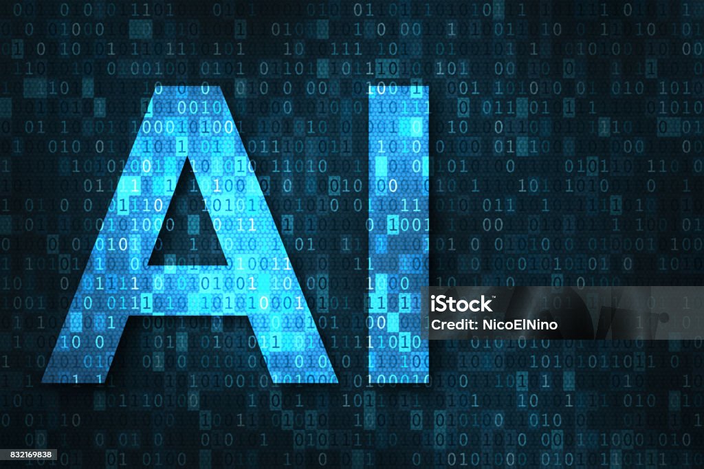 Ilustración de la inteligencia artificial con IA sobre fondo de matriz de código binario - Foto de stock de Inteligencia artificial libre de derechos