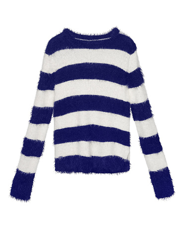 Fluffy woman s sweater in wide white and blue stripes isolated