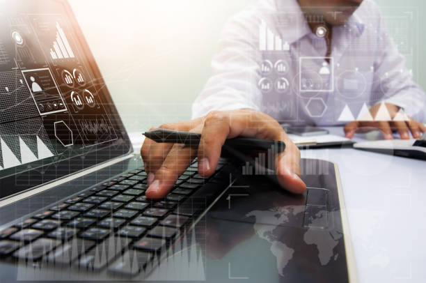 istock Close up business man hand working on screen laptop computer on the white desk as concept 832173978
