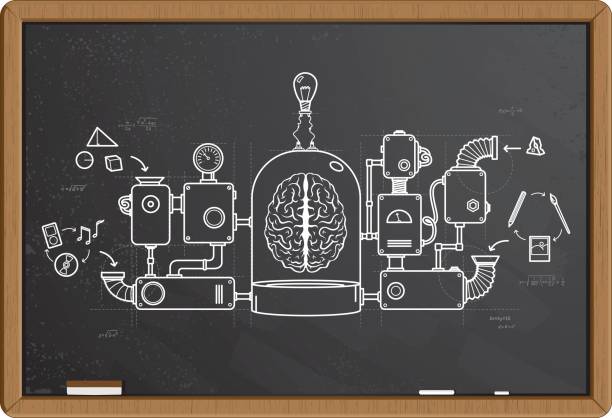 Charcoal drawing of a creative idea process Charcoal drawing of a creative idea process on a blackboard drawing of a advanced math formulas stock illustrations