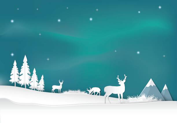 istock Deer with aurora background. Christmas season paper art style illustration. 832178182