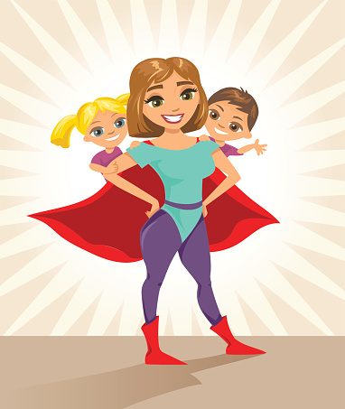 Super hero, super mom. Happy smiling super mother with her children.