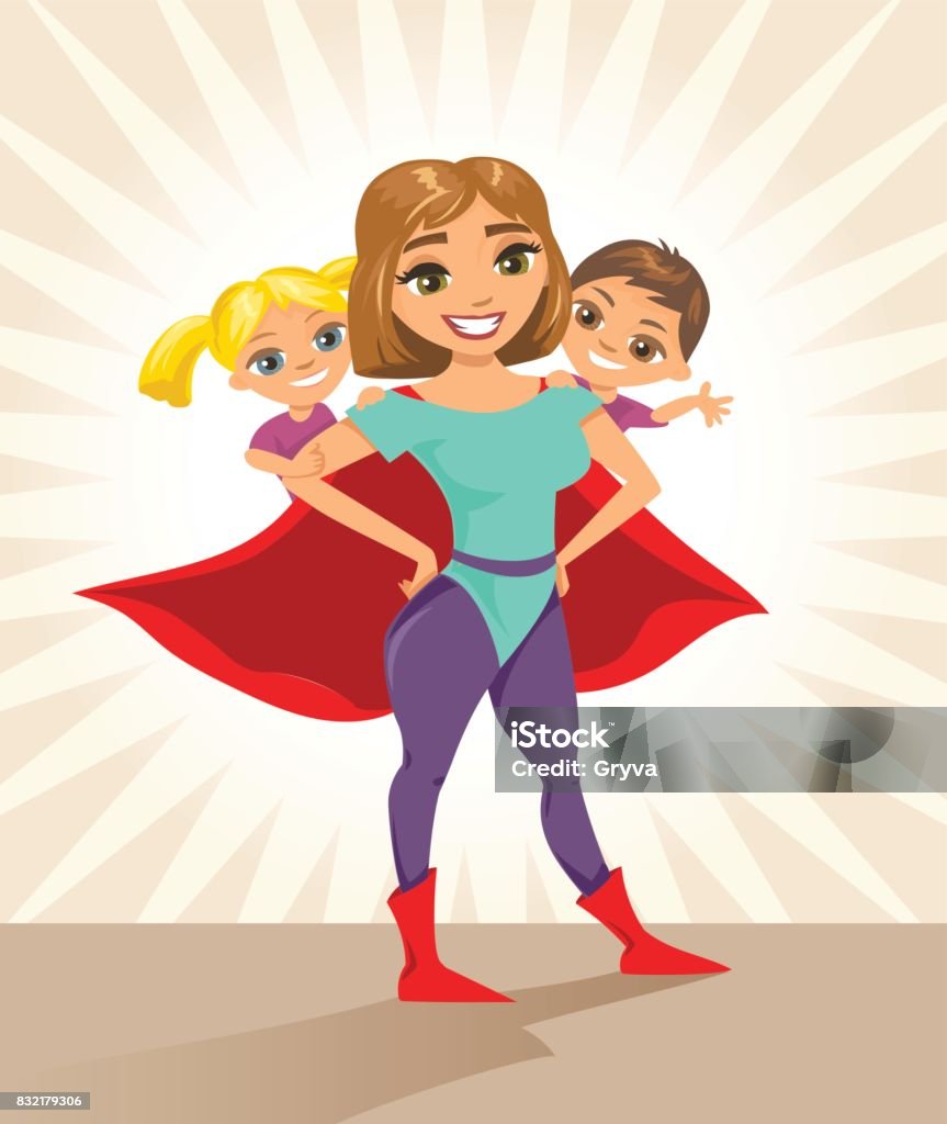 Super hero, super mom. Happy smiling super mother with her children. Super hero, super mom. Happy smiling super mother with her children. Vector illustration with isolated characters. Supermom stock vector