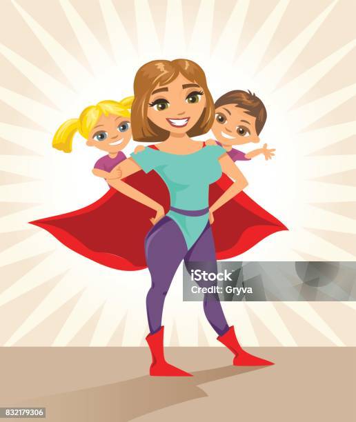 Super Hero Super Mom Happy Smiling Super Mother With Her Children Stock Illustration - Download Image Now