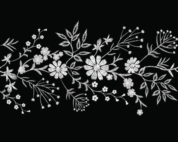 ilustrações de stock, clip art, desenhos animados e ícones de embroidery white lace border floral border small branches herb leaf with little blue violet flower daisy chamomile. ornate traditional folk fashion patch design background vector illustration - embroidery seam shirt sewing