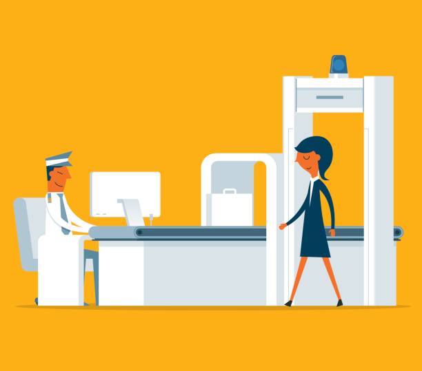 ilustraciones, imágenes clip art, dibujos animados e iconos de stock de seguridad aeroportuaria - empresaria - security scanner airport security men women