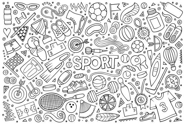 illustrations, cliparts, dessins animés et icônes de doodle dessin animé ensemble de symboles et objets de sport - archery target sport sport computer icon