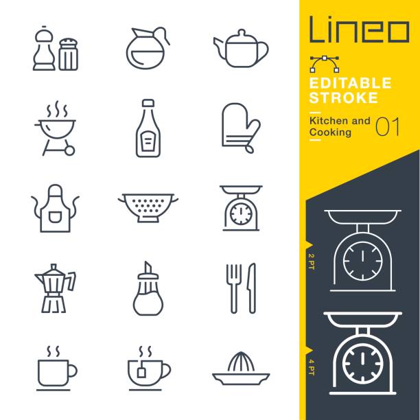 lineo editierbare schlaganfall - küche und kochen linie symbole - cooking clothing foods and drinks equipment stock-grafiken, -clipart, -cartoons und -symbole