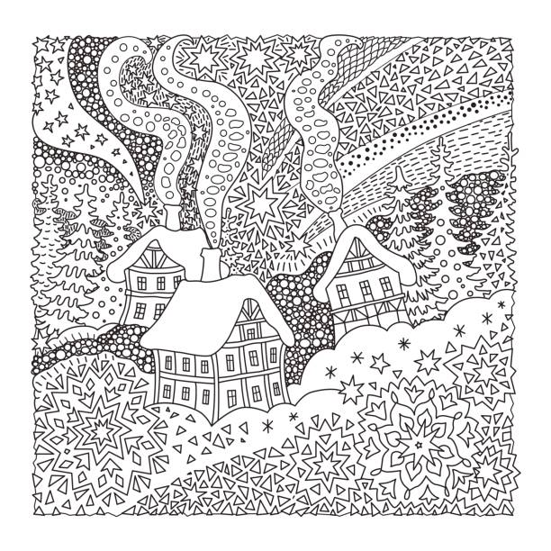 Vector fantasy landscape. Fairy tale old medieval town, house, fir trees.  Hand drawn sketch snowflakes. T-shirt print. Coloring book page for adults and children. Black and white. Christmas and New Year greeting card Vector fantasy landscape. Fairy tale old medieval town, house, fir trees.  Hand drawn sketch snowflakes. T-shirt print. Coloring book page for adults and children. Black and white. Christmas and New Year greeting card coloring book cover stock illustrations