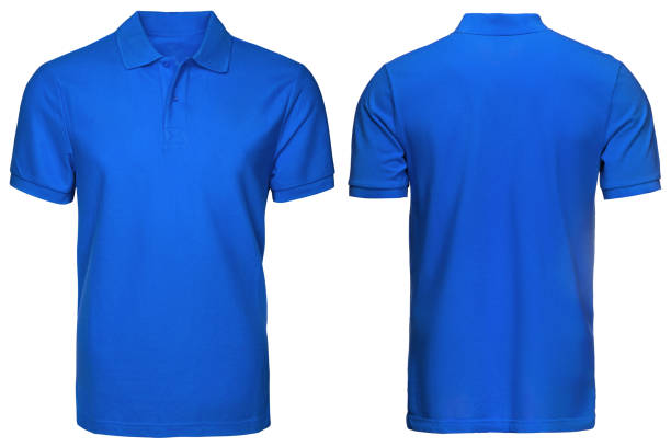 leere blaue poloshirt, vorder- und rückansicht, isolierten weißen hintergrund. design-polo-shirt, vorlage und mock-up für den druck. - polo shirt shirt clothing textile stock-fotos und bilder