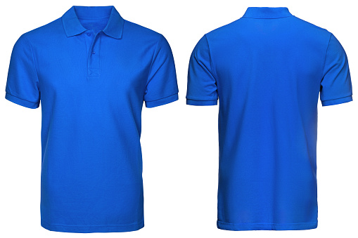 blank blue polo shirt, front and back view, isolated on  white background. Design polo shirt, template and mockup for print.