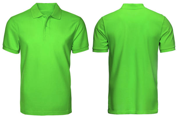 blank green polo shirt, front and back view, isolated white background. Design polo shirt, template and mockup for print. stock photo