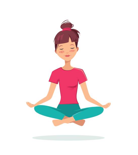 Pretty young girl practices yoga in the lotus position. Pretty young girl practices yoga in the lotus position. Meditation and relaxation poster. Vector illustration cross legged illustrations stock illustrations