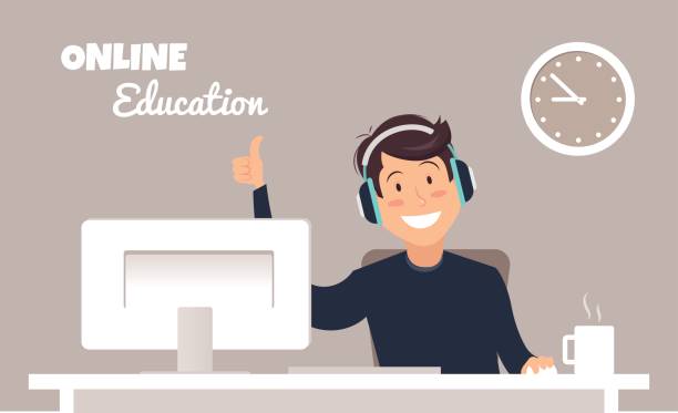 ilustrações, clipart, desenhos animados e ícones de jovem bonito em fones de ouvido, sentado em uma mesa e trabalhar com o computador em um escritório em casa. - men smiling headphones individuality