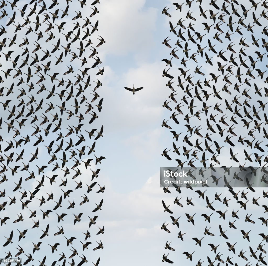 Concept Of Individualism Concept of individualism and Individuality symbol or independent thinker idea and new leadership concept or individual courage as a group of birds flying with one individual in the opposite direction as a business icon in a 3D illustration style. Standing Out From The Crowd Stock Photo