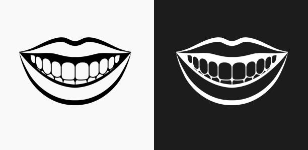 Smiling Mouth Icon on Black and White Vector Backgrounds Smiling Mouth Icon on Black and White Vector Backgrounds. This vector illustration includes two variations of the icon one in black on a light background on the left and another version in white on a dark background positioned on the right. The vector icon is simple yet elegant and can be used in a variety of ways including website or mobile application icon. This royalty free image is 100% vector based and all design elements can be scaled to any size. teeth clipart stock illustrations