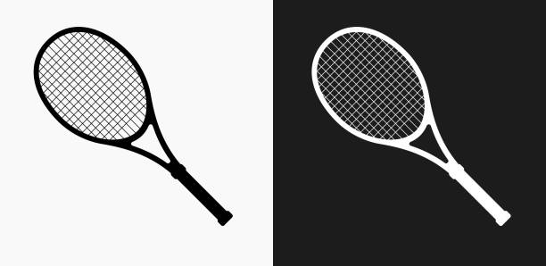 теннисная икона на черно-белом векторном фоне - tennis tennis ball ball black background stock illustrations