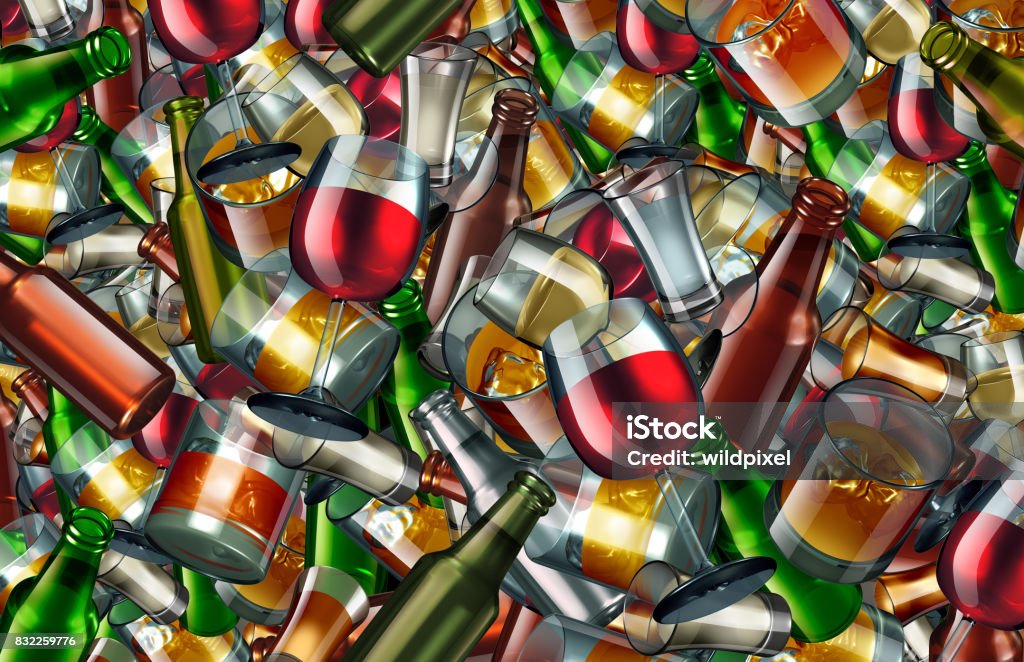 Alcohol Drinks Background Alcohol drinks background as alcoholic beverages as beer wine scotch and whisky as a group of glasses and bottles representing leisure entertainment and party celebration or partying as a 3D illustration. Alcohol - Drink Stock Photo