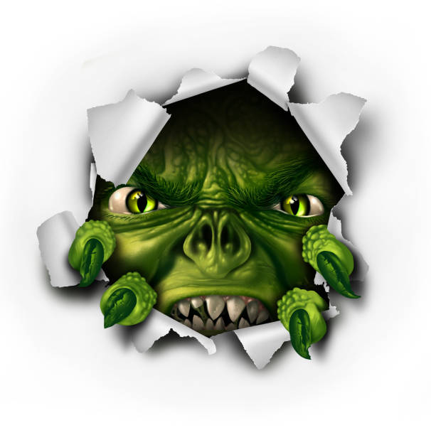 Monster tearing paper with sharp claws bursting out of ripped hole as a scary dangerous evil zombie or demon creature with a threatening expression as a halloween element with 3D illustration elements.
