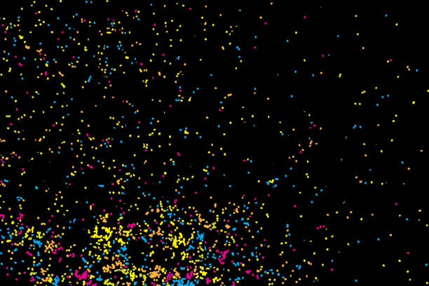 istock Colorful celebration background with confetti isolated on black, Abstract background with many splattered falling round glitter pieces. Sprinkle random pattern made of confetti blow drops. 832264678