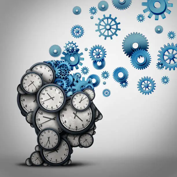 Business time planning thinking concept as a group of clock objects shaped as a human head with gears and cog wheels as the inside brain as a corporate punctuality work planner metaphor as a 3D illustration.