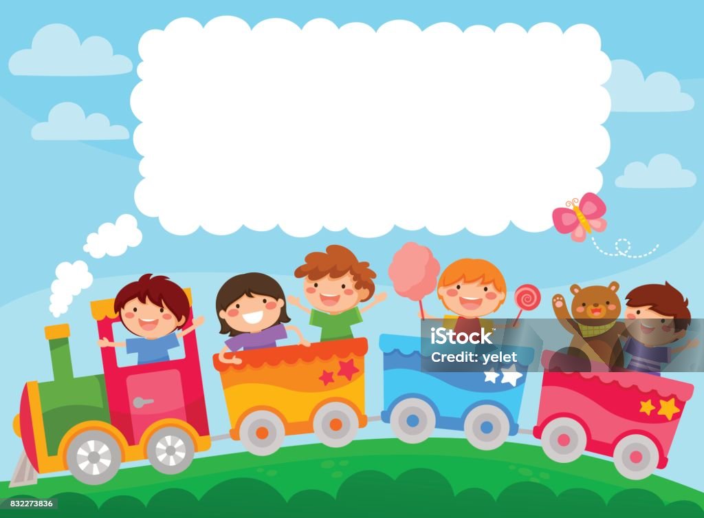 Kids in a train with copy text Kids in a colorful train with space for text Train - Vehicle stock vector