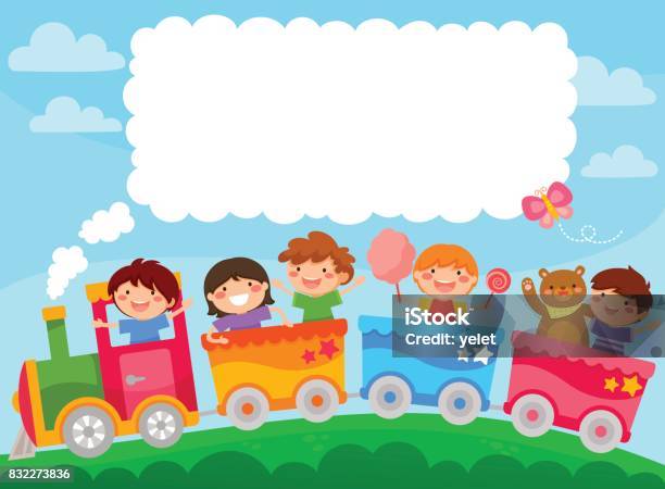 Kids In A Train With Copy Text Stock Illustration - Download Image Now - Train - Vehicle, Child, Playing