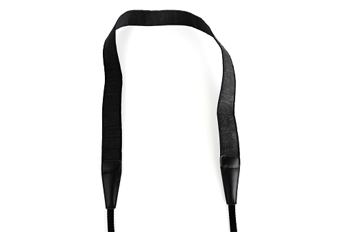 Black camera strap standard design equipment strength support heavy size for professional photographer shoulder sling belt easy shoot photo on white isolated background.