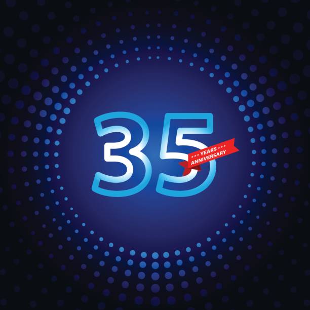 Thirty five years anniversary icon with blue color background Vector of 35 years anniversary icon with blue color dot pattern background. EPS Ai 10 file format. number 35 stock illustrations