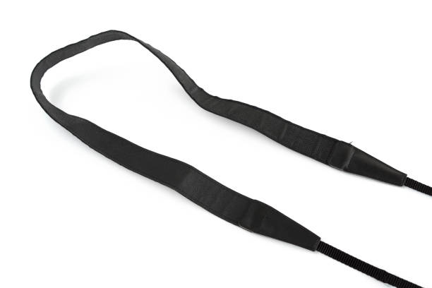 istock Black camera strap standard design equipment strength support heavy size for professional photographer shoulder sling belt easy shoot photo on white isolated background. 832278578